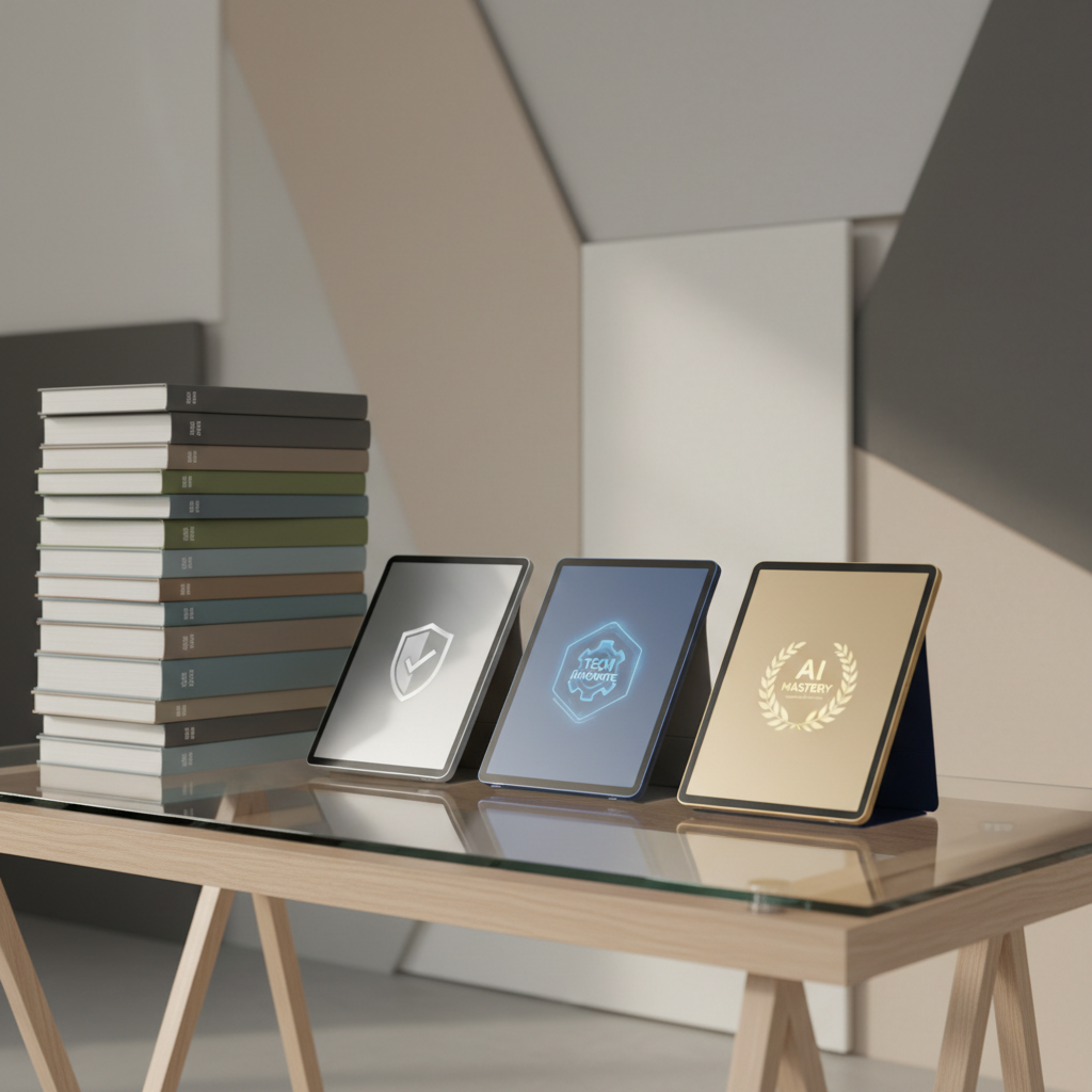 A precisely stacked collection of matte-finished textbooks and clean, color-coded digital tablets, their screens displaying crisp icons of various certificates and technology logos. They are arranged on a custom wood-and-glass study table with geometric lines, backed by an abstract, neutral-toned panel wall. Soft studio lighting illuminates the scene evenly, highlighting the clean lines and smooth surfaces of the devices and materials. The atmosphere is organized, modern, and quietly focused, underscoring a professional approach to learning. The photo uses rule-of-thirds composition with a slight angle, enhancing a sense of progression and order, with a photographic, minimalist style aligned to tech education.