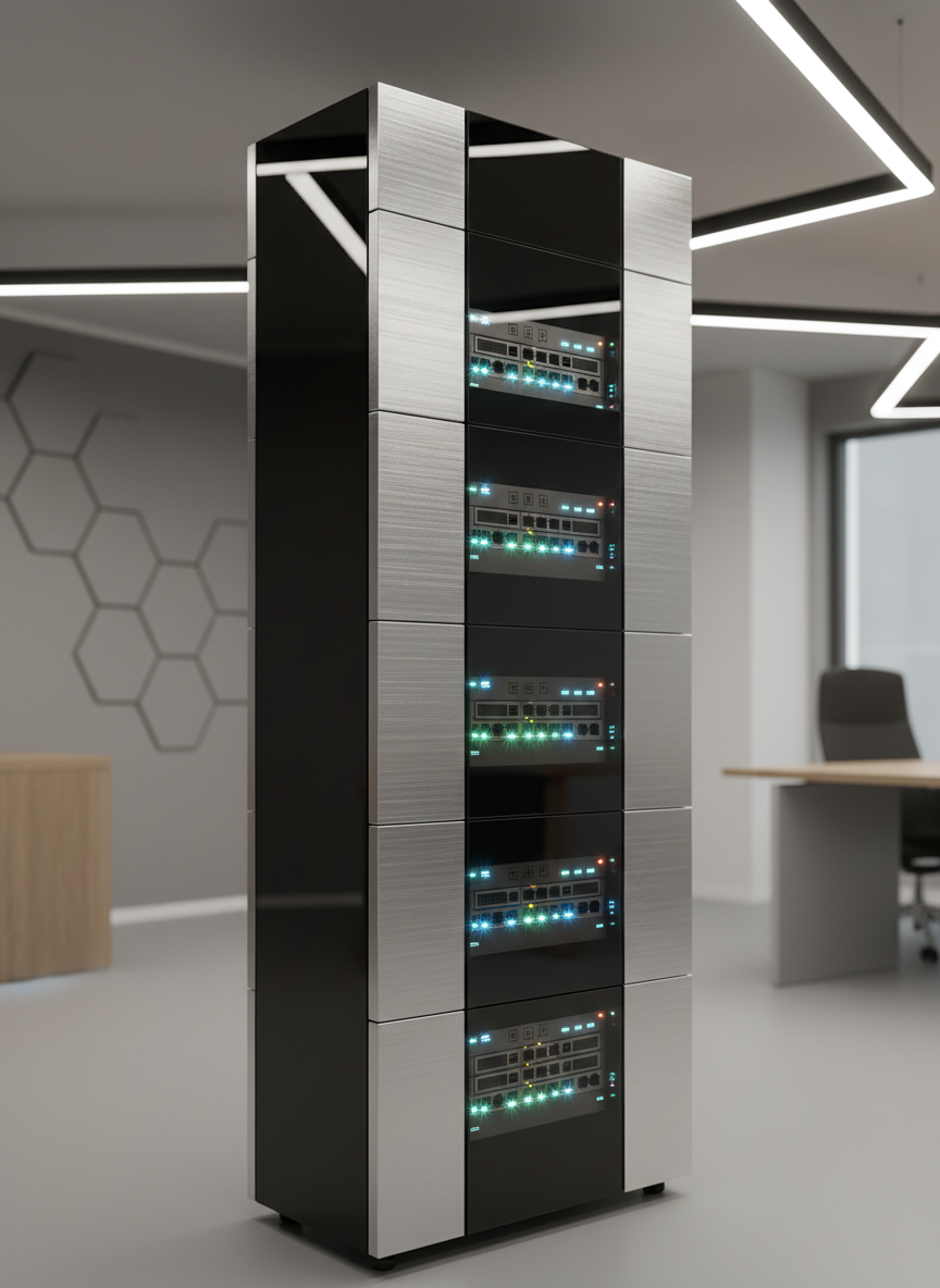 A close-up of a modern, slimline server rack featuring glossy black and brushed aluminum panels, each slot containing illuminated network interface lights emitting soft blue and green glows. The rack is set against a background of tasteful, minimalist office decor in neutral color tones, with a subtle geometric pattern on an accent wall. Ambient overhead LED lighting creates crisp reflections on the surfaces and subtle gradients across the equipment. The shot features an eye-level, centered composition with sharp detail throughout. The overall mood is structured, calm, and sophisticated, conveying the organized and forward-looking nature of technology certification.