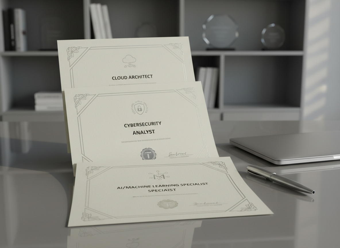An elegantly arranged set of technology certification diplomas printed on textured, high-quality ivory paper with crisp embossed borders and subtle silver foil accents, each featuring minimalist icons of popular tech fields. The certificates are neatly fanned out on a matte grey glass desk, accompanied by a sleek, modern metallic pen and a closed silver laptop, all on a background of clean, structured office shelving. Soft, diffused daylight enters from the left, producing gentle shadows and emphasizing the careful arrangement. The mood is professional and aspirational, with a focus on achievement and clarity. Photographed from a slightly elevated, eye-level angle with sharp focus and balanced composition. The style is photographic realism with a clean, corporate aesthetic, perfectly supporting the site’s theme of tech certification.